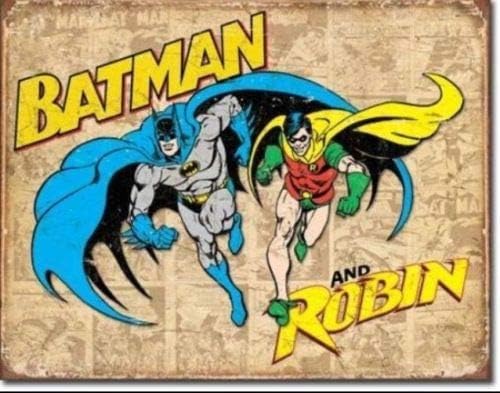 Letrero vintage de Batman con diseño de robot con paneles desgastados retro vintage de lata de 16.0 in x 12.0 in para niños