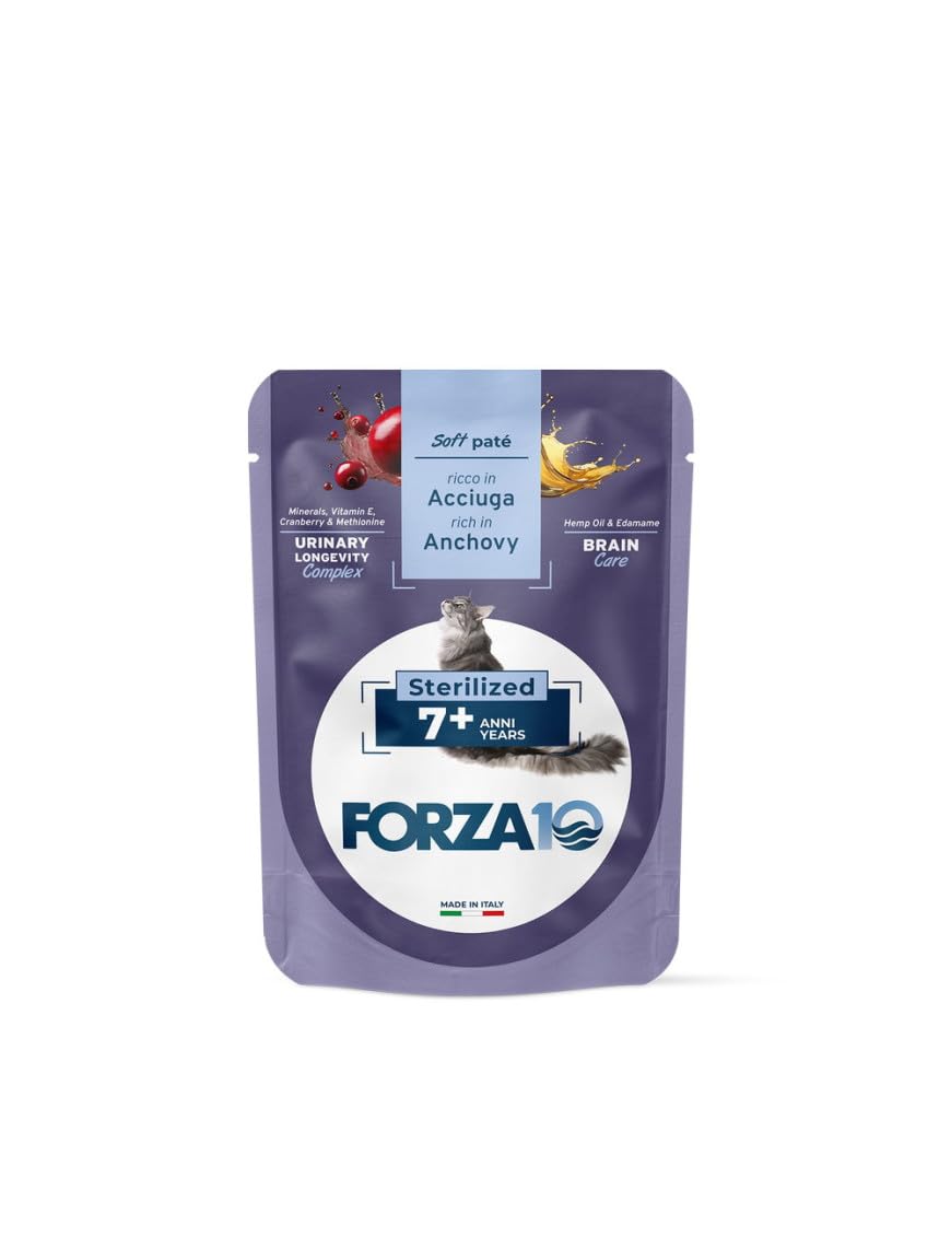 Soft Patè Gatto Acciuga 7 anni sterilized– Forza10 Cibo Umido per Gatti Anziani sterilizzati di tutte le Taglie e Razze,Monoproteico,24 Bustine x 80g, Alimento Completo.