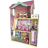 XXL Puppenhaus aus Holz mit Beleuchtung 18 Möbel 3 Ebenen 4 Zimmer Traumhaus mit Balkon und Aufzug 118 cm Höhe