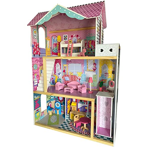 XXL Puppenhaus aus Holz mit Beleuchtung 18 Möbel 3 Ebenen 4 Zimmer Traumhaus mit Balkon und Aufzug 118 cm Höhe