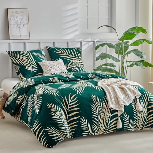 Lekesky Bettwäsche 220x240 3teilig + 2 Kissen 80x80, Grün Gold Palmblatt | 1 Bettbezug 220x240, 2 Kissenbezüge 80x80 mit Reißverschluss, Bedding mit Reißverschluss, Mikrofaser Masc