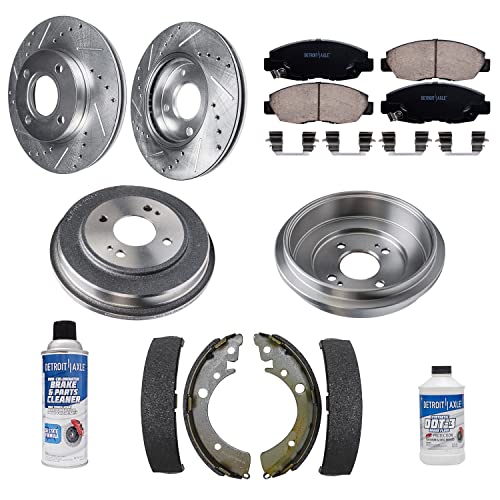 Detroit Axle - 4 Lug Front Drilled Rotors Rear Drums + Brake Pads & Shoes Replacement for 2001-2005 Honda Civic - 10pc Set 