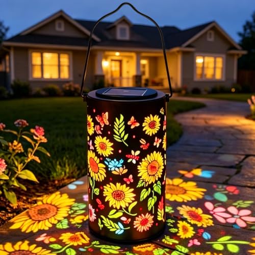 Lanterne de jardin solaire colorée en forme de tournesol, IP55 Étanche,lampe à fleurs en métal étanche, Lampe Solaire Rétro LED en Métal Pour Balcon,...