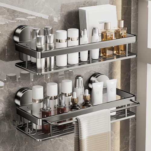 浴室 ラック 2段式 強力吸盤 お風呂 棚 壁掛け 防水 防錆 シャンプーラック 省スペース 水切り 穴あけ不要 簡単に設置 洗面所 キッチン収納用 アルミニウム製 ブラック