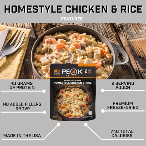 Peak-Refuel-Homestyle-Chicken-Rice-Premium-Freeze-Dried-Camping-Food-Backpacking-Hiking-MRE-Meals-Just-Add-Water-100-Real-Meat-40g-of-Protein-2-Serving-Pouch