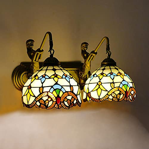 YIYIBYUS Tiffany Style Wall Sconce Stained Glass Shade Wall Lamp Indoor Lighting Fixture,Stained Glass Vintage Antique Light for Bedroom Living Room (Double Head/Yellow)