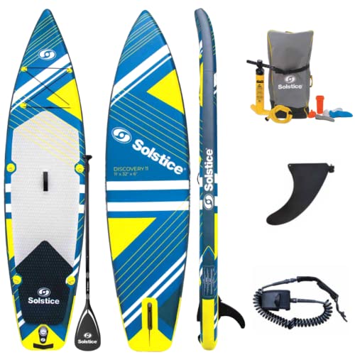 Solstice 36110AL Discovery 11 Inflatable Stand Up Paddle Board Kit | 11' x 32'' 6'' 320 Pound Capacity Included Pump Bag Leash Performance SUP Raft Military Grade Materials, Blue/Yellow