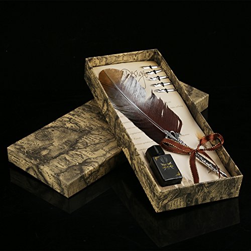 Feather Quill Dip Pen Set Including 5 Replacement Nibs+Black Ink Vintage Quill Ink Set Antique Calligraphy Writing Quill Pen Best Antique Executive Gift (Gradient Black)