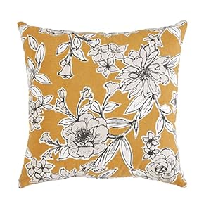 Decorative Pillow, Floral Cotton Pillow, Throw Pillows for Couch or Bed, Boho Home Decor, 20″ x 20″ (White Denim Collection, Yellow)