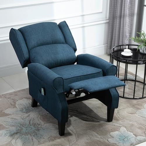 HOMCOM Vibration Massage Recliner Chair for Living Room with Heat, Wingback Single Sofa, Modern Linen Fabric Push Back Reclining Chair with Footrest, Side Pocket, Beige, Blue