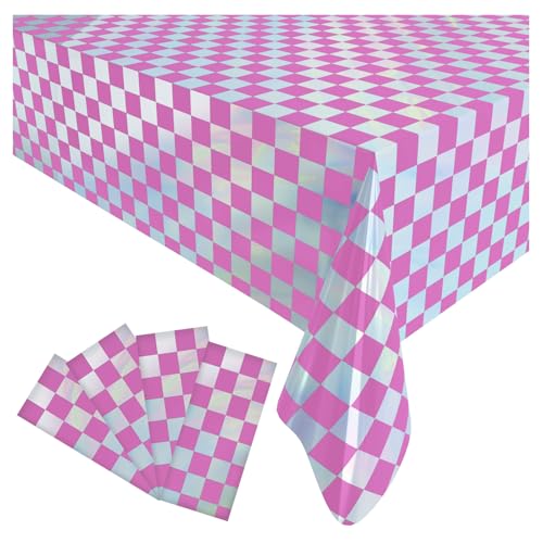 4 Pack Gingham Plastic Tablecloths Disposable Table Cover Sparkly Foil Table Cloth for Rectangle Tables Party Decorations Birthday Princess Bridal Wedding Christmas Pink and Silver 54 x 108 Inch