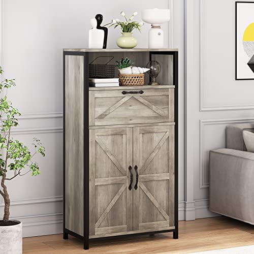 IDEALHOUSE-Farmhouse-Storage-Cabinet-with-Barn-Door-Tall-Buffet-Cabinet-with-Drawer-Metal-Frame-Wood-Slim-Bathroom-Cabinet-Standing-Sideboard-for-Living-Room-Bedroom-Home-Office-Kitchen-Grey