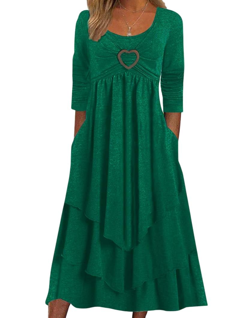 Bengbobar Womens Fall Crewneck Long Sleeve Dress Casual Cute Heart Tiered Swing Ruffle A Line Flowy Maxi Dresses with Pockets