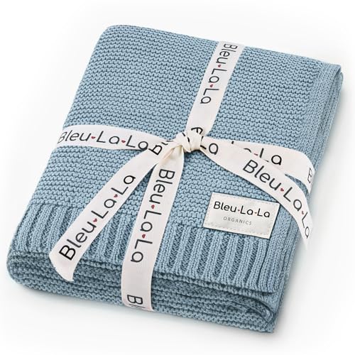 Bleu La La Organic Cotton Heritage Knit Receiving Blanket for Boys - 100% Luxury Soft Organic Cotton - Warm Cozy Swaddle Cuddle Blanket for Newborns Infants & Toddlers (0-2Yrs - Sky Blue)
