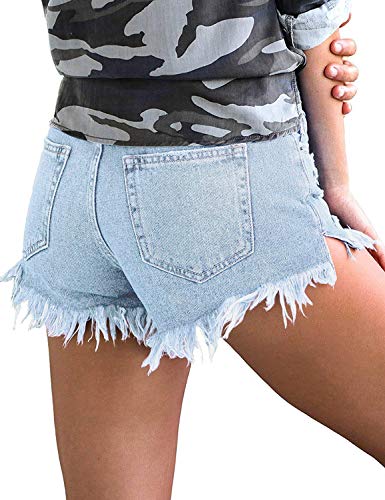 luvamia Women Casual High Waisted Denim Shorts Frayed Raw Hem Ripped Jeans Shorts A1 Powder Blue Size Large Fits US 12-14 - Thumbnail 2