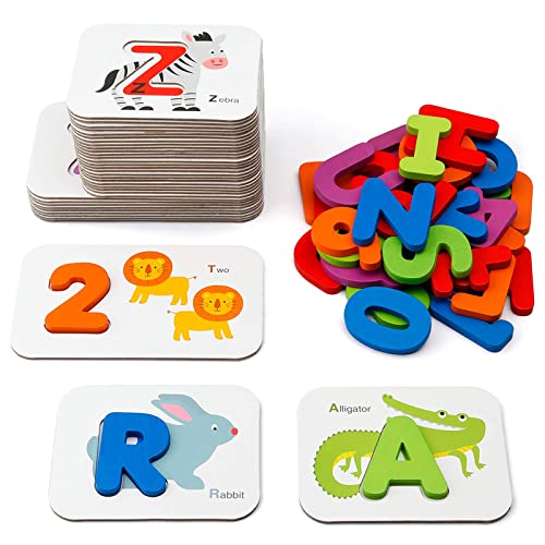 Image of Coogam Numbers and Alphabets Flash Cards Set - ABC Wooden Letters and Numbers Animal Pattern Board Matching Puzzle Game Montessori Educational Learning Toys Gift for Preschool Kids Age 3 4 5 Years