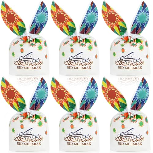 KTBANBANNEY 100 Pcs Eid Mubarak Plastic Gift Bags Ramadan Kareem Rabbit Ear Shape Candy Goodie Bags Snack Wrap For Muslim Islamic Festival Party Decorations