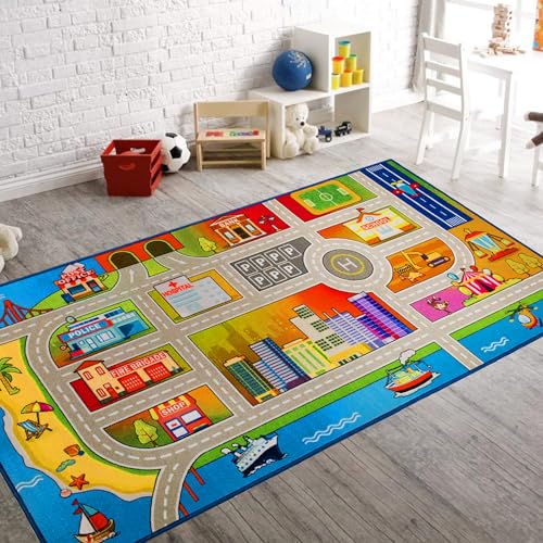 Booooom Jackson Kids Car Carpet Playmat Rug 3.3 x 6.6 ft,Car Mat for Kids Toy Cars,Road Rug,Buildings Parking Helipad Printed on,Kids Car Play Rug,Non-Slip Race Track Rug for Play Room Bedroom