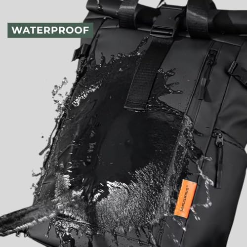 Image of SMILEDRIVE Waterproof Roll-Top Laptop Backpack, 20-25L Expandable, Anti-Theft, Padded 15.6 inch Laptop Compartment, Travel College Office Bag