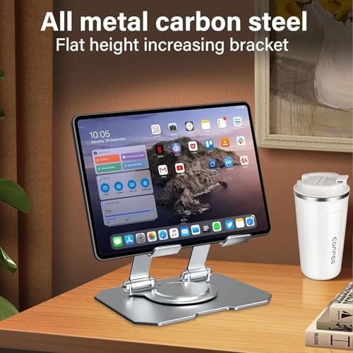 Image of SOOPII Heavy-Duty Metal Tablet Stand Holder with 360 Rotating Base | Multi-Angle Adjustable | Sturdy & Universal Compatibility for All Tablets, iPad Pro 12.9 /11 /10.9 /10.2, iPad Air & More (Silver)