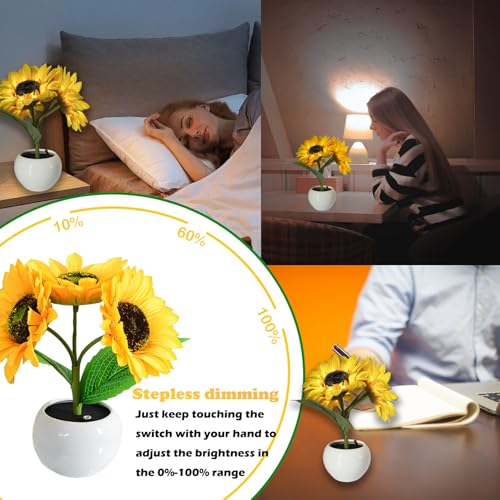 Image of Sunflower Flower Table Lamp Sunflower Gifts for Women Rechargeable Cordless Bedside Lamps USB Infinitely Dimming Night Light for Restaurant Bedroom