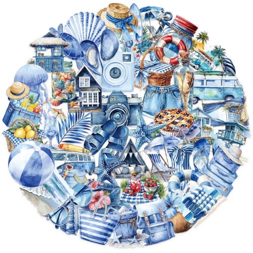 Image of 50PCS Transparent Blue Beach Stickers Aesthetic PET Stickers Blue Ocean Decal Waterproof Decorative Decals for Scrapbook DIY Crafts Album Bullet Journal Planner Water Bottles Laptop Phone (Blue-A)