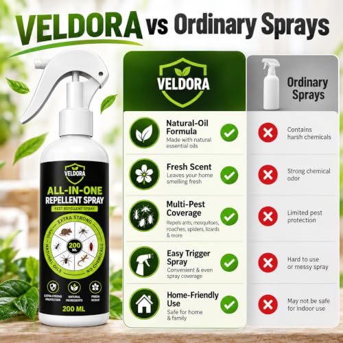 Image of VELDORA All-in-One Pest Repellent Spray (200ml) | 100% Plant-Based Essential Oil Formula | Natural Repellent for Lizards, Ants, Cockroaches & Mosquitoes | Skin-Safe, Baby-Safe, Pet-Safe (PACK = 1)