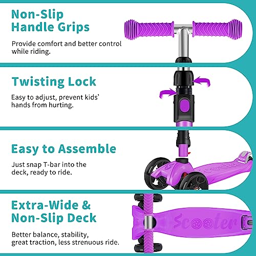 Beleev A5 Scooter For Kids, 3 Wheel Scooter For Toddlers Girls Boys, Light-Up Wheels, 4 Adjustable Height, Lean To Steer, Non-Slip Deck, Three Wheel Kick Scooter For Children Ages 3-12 (Purple) #TOP6