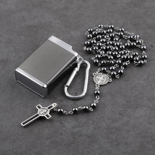Saint Benedict Rosary with Hematite Black Stone Beads, 6mm, Metal Gift Box, Religious Cross Necklace3