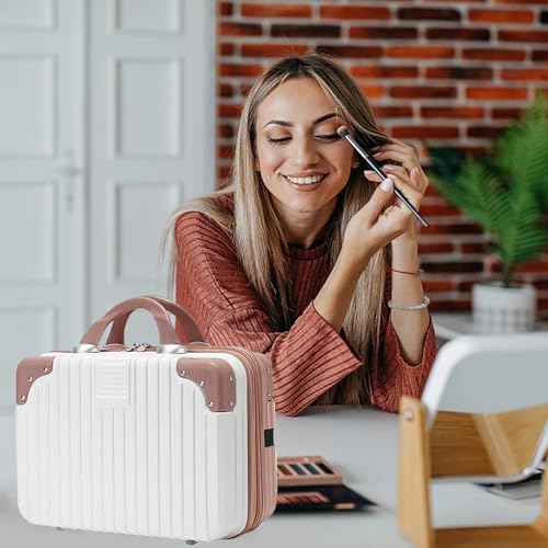 Image of Makeup Case Suitcase, Mini Bag, Mini Hard Shell Travel Luggage, Women Portable Water Proof Carrying Suitcase, Organizer Bag, Small Hard Shell Cosmetic Lugge Bag, Water Proof (B-White&Roset)
