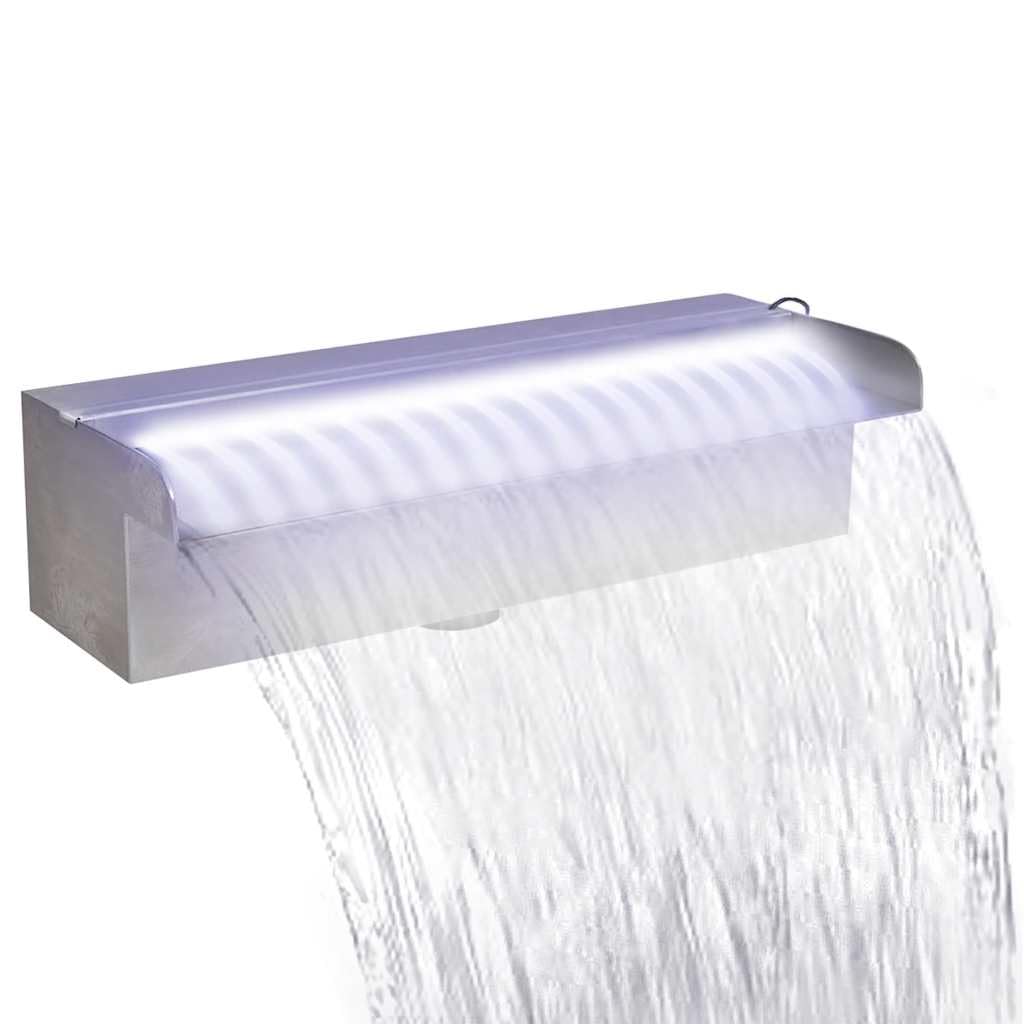 Wodospad basenowy z oświetleniem LED, stal nierdzewna, 30 cm, kaskada do stawu ogrodowego i basenu, kolor srebrny, łącznie z wtyczką