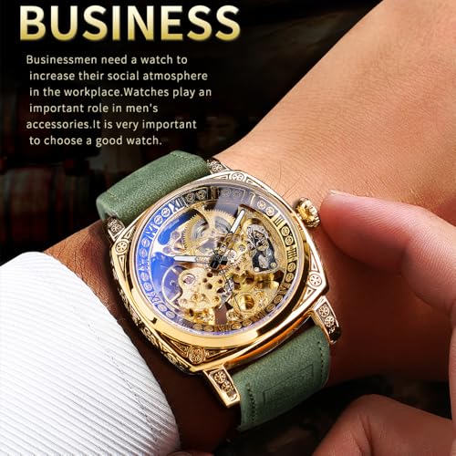Image of FORSINING Fancy Watches for Men, Square Retro Mechanical Watch Self-Wind Carved, Gear Movement Golden Skeleton Automatic Watches Vintage Leather Strap Wrist Watch