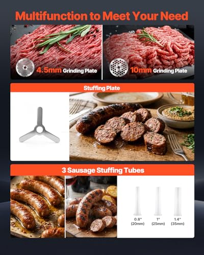 Image of VEVOR Commercial Meat Grinder, 21 Lbs /Min Capacity, #32 Electric Meat Mincer with 3 Plates, 3 Sausage Stuff Tubes, 1100W /1.5HP Stainless Steel Sausage Maker for Home Kitchens & Restaurants, ETL Listed