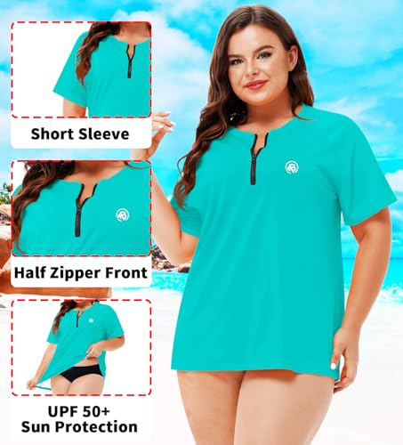 Image of AOBUTE Women Plus Size Rash Guard Zipper Short Sleeve SPF Swim Shirts