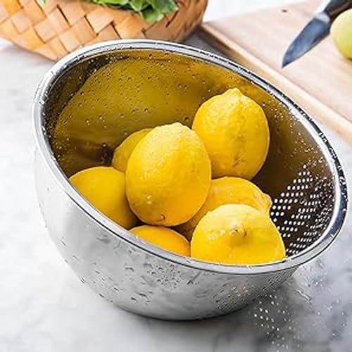 Image of KRESHU Stainless Steel 304 Food Grade 3-in-1 Bowls Vegetables Rice Washer with Side Drain Bowls Colander Strainer Basket Ideal for Kitchen Tools Vegetables, Rice, Fruits (26cm, Silver)