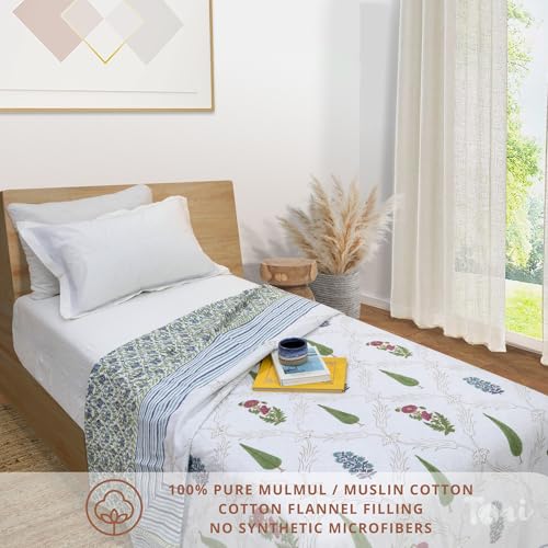 Image of TOAIArt Premium Jaipuri Dohar | AC Blanket Summer Quilt | Hand Block Printed | 3 Layers | Reversible | 150GSM 100% Mulmul Cotton | 100% Cotton Flannel Filling | Single 60 inch X 90 inch |Adil Jaal