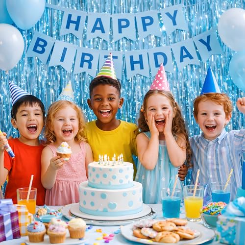 Image of Pool Party Decorations - Blue Tinsel Streamers Backdrop Banner | Summer Party Favors Supplies Indoor Outdoor - Ocean Themed Party Decorations for Beach Sea Water Blue Birthday,2 Pack