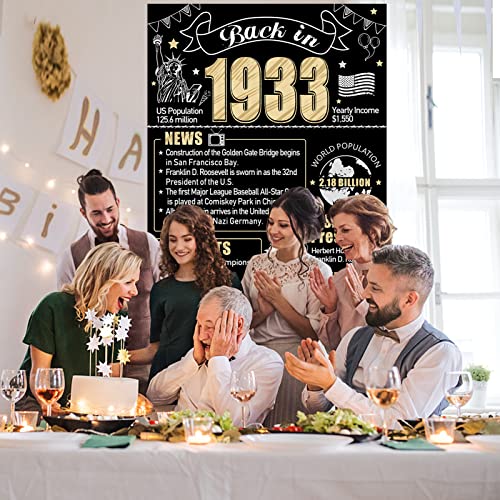 90Th Birthday Decorations Back In 1933 Door Banner For Men Women, Black Gold Happy 90 Birthday Door Cover Party Supplies, Ninety Year Old Bday Backdrop Sign Decor For Outdoor Indoor #TOP4