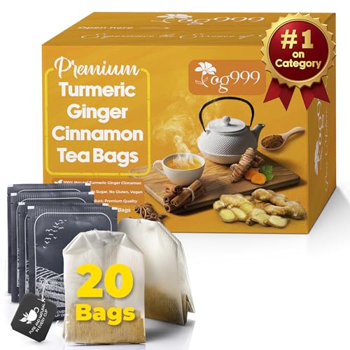 Image of TOG999, Premium 20 Tea Bags Turmeric, Ginger, Cinnamon, 100% Natural, Hand-made Blend of Turmeric, Ginger, and Cinnamon Herbal Tea. Eco-conscious Tea Bags. No Sugar, No Caffeine, No Gluten, Vegan.