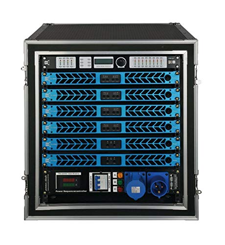 Front view of multiple CVR D-Series amplifiers mounted in a professional equipment rack