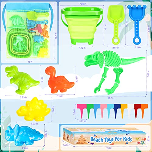 Fuspweao Beach Toys Sand Toys For Kids, Dinosaur Sand Toys With Collapsible Beach Bucket And Mesh Bag, Dinosaur Sand Molds, Shovel And Rake, Sandbox Toys For Toddlers, Travel Beach Toys For Kids 3-10 #TOP5