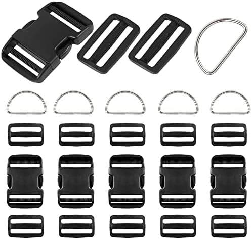 Heavy Duty Adjustable 2 inch Plastic Buckles 6 Set, 6 Pcs Quick Side Release Buckle Dual & 6 Pcs Metal D Ring & 12 Pcs Tri-glide Slide Clip for Nylon Strap Webbing…