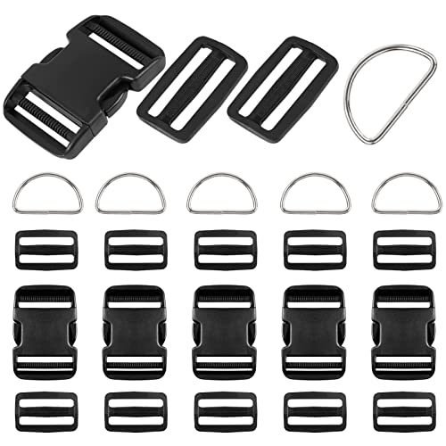 Heavy Duty Adjustable 2 Inch Plastic Buckles 6 Set, 6 Pcs Quick Side Release Buckle Dual & 6 Pcs Metal D Ring & 12 Pcs Tri-Glide Slide Clip For Nylon Strap Webbing… #TOP26