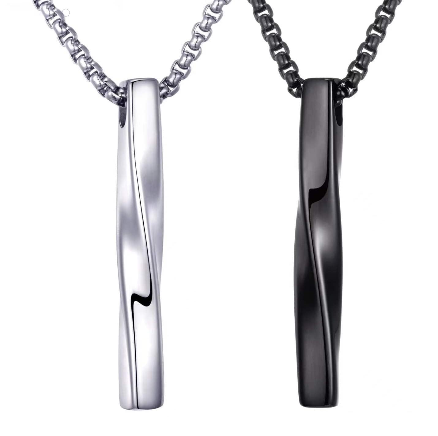 Set of Two Classic Necklace, Stylish Mens Jewelry Accessory，Steel Chain for Men Neck, Pendant with Twisted Cube Bar Design,-image-1