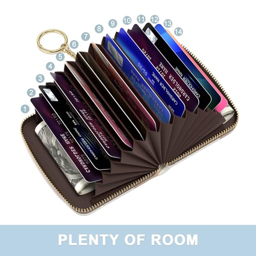 Image of Aiawoxc Credit Card Holder, Small RFID Wallet Slim Leather Card Organizer Case with Zipper and Wristlet Strap, Abstract Boho Leaf