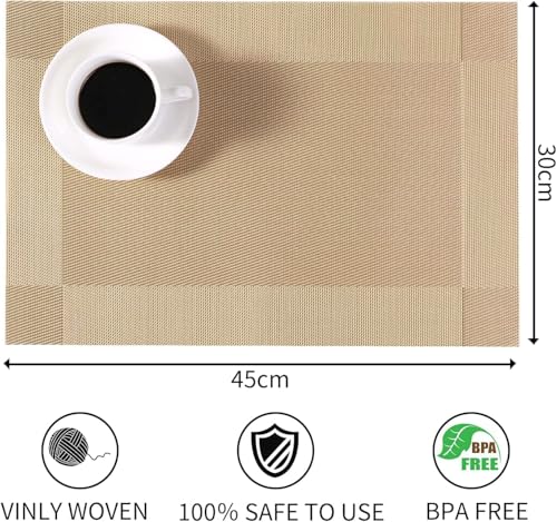 Image of Anugrah Dining Mats Table Mats PVC Placemats Heat-Resistant Placemat for Dining Tea Table Woven Vinyl Stain Resistant Table Mats Easy to Clean - 45x30 cm (Gold, 6)