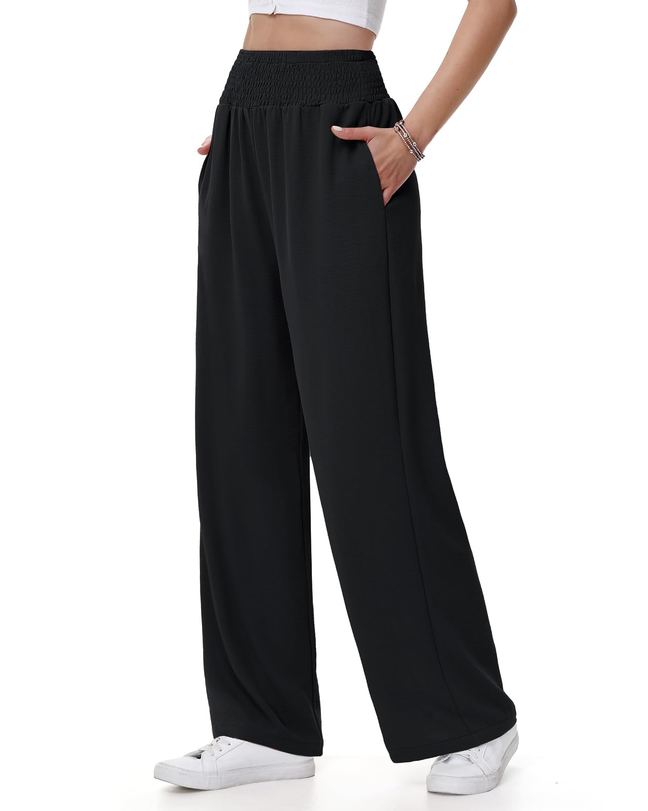 HMIYA Weite Hosen Damen Lässig Leicht Sommerhose Hohe Taille Palazzo Hose mit Taschen