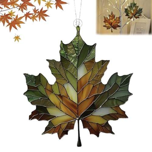 Ahornblatt Ornament Aus Gebeiztem, 2D Flach Ahornblatt Buntglas Fenster Hängend Herbstdeko, Herbstdeko Anhänger Glass, Ahornblätter Sonnenfänger, Herbst Deko Aesthetic Outdoor Für Haustür(B)