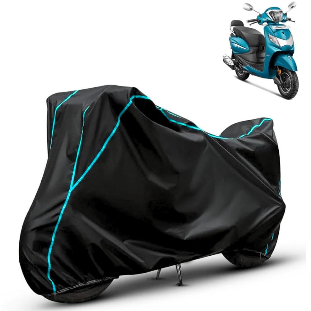 FAVY Water Resistant Bike Cover for Hero Pleasure Xtec | Rain, Sun UV, Scratch and Dust Proof Protection | Bike Body Cover, Black with Aqua Lining | Triple Stitched Elasticated Bottom