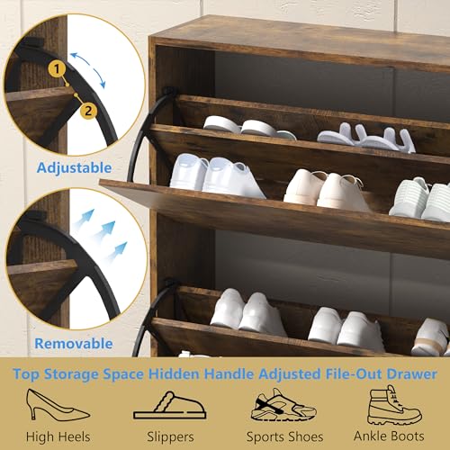 Image of Shoe Storage Cabinet for Entryway, Brown Shoe Cabinet with 3 Flip Drawers, Hidden Shoes Rack Freestanding Storage Organizer for Entryway,Closet, Living Room,Hallway 47.24 inchH x 31.50 inchW x 9.44 inchD